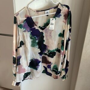Cabi blouse, watercolor pattern, purple and white, Large, brand new
